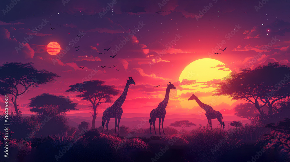 Two giraffes adjacent in a verdant field, beneath a violet sunset sky Two giraffes adjacent in a verdant field, beneath a violet sunset sky