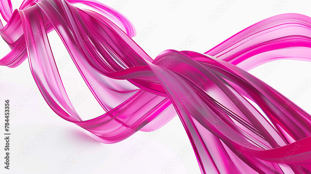 Magenta ribbons flow in 3D against stark white, a dance of color creating vibrant fluidity.