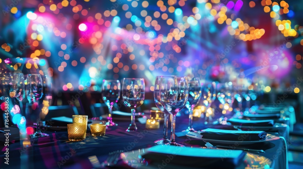 Wine glasses on table and bokeh lights