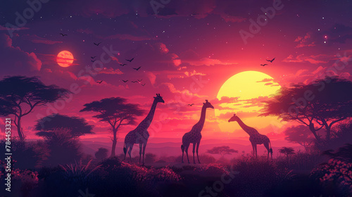   Two giraffes adjacent in a verdant field, beneath a violet sunset sky © Igor