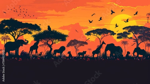   A collection of elephants and giraffes grazing in a field dotted with trees Sky is populated by soaring birds