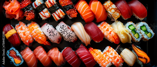 different types of sushi an a black background photo