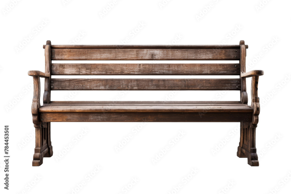 Solitude Rests: A Wooden Bench on White. On White or PNG Transparent Background.