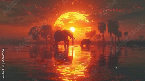  A few elephants stand in the water, sun behind, palm trees near