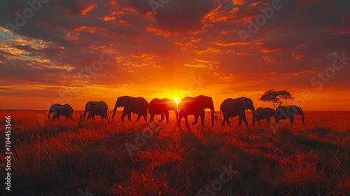  A herd of elephants atop a verdant field, beneath a cloud-studded sky, as the sun sets