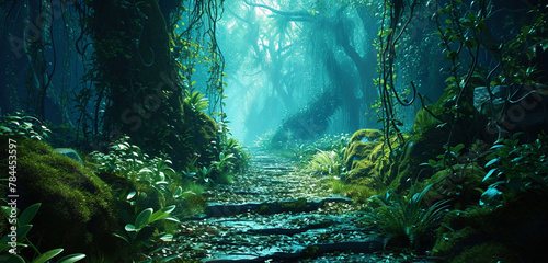 Shimmering pathways of bioluminescent moss guide the way through a mystical magic exotic forest with shiny neon.