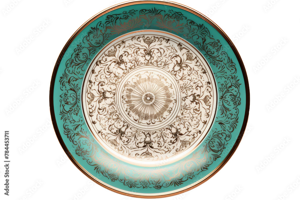 Enchanted Forest Elegance: Intricate Green and Gold Plate. On White or PNG Transparent Background.