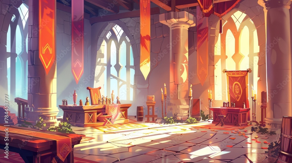 Dinner on table in a medieval castle interior. A fantasy palace hall ...