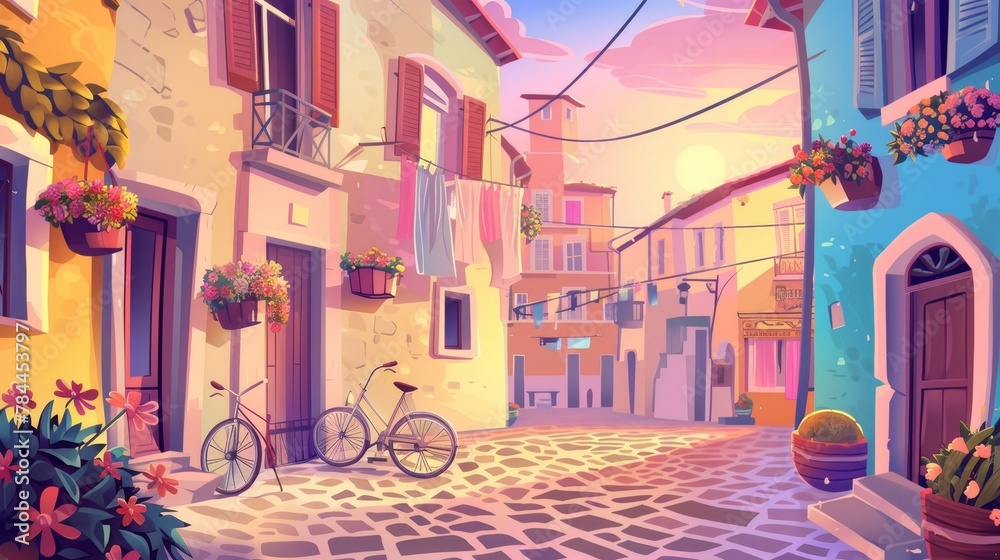 Modern illustration of an old European city at sunset with cobbled roads, a bicycle next to a house, laundry ropes under windows decorated with flowers, pink sky in the background. Modern illustration of an old European city at sunset with cobbled roads, a bicycle next to a house, laundry ropes under windows decorated with flowers, pink sky in the background.