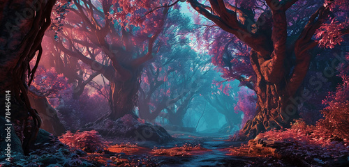  Wisps of iridescent mist weave through ancient trees, concealing the secrets of a mystical magic exotic forest with shiny neon.