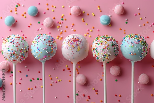 A collection of multicolored cake pops with various sprinkles set against a pink background with loose confetti