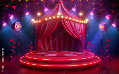 Circus stage podium background with carnival light and red show curtain.