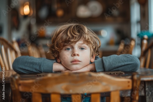 A child concentrating on an activity at the kitchen table portrays a sense of focus, dedication, and the simplicity of home life