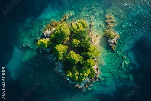 A breathtaking aerial shot capturing the emerald greens of a solitary island amidst the crystal-clear blue waters © Larisa AI