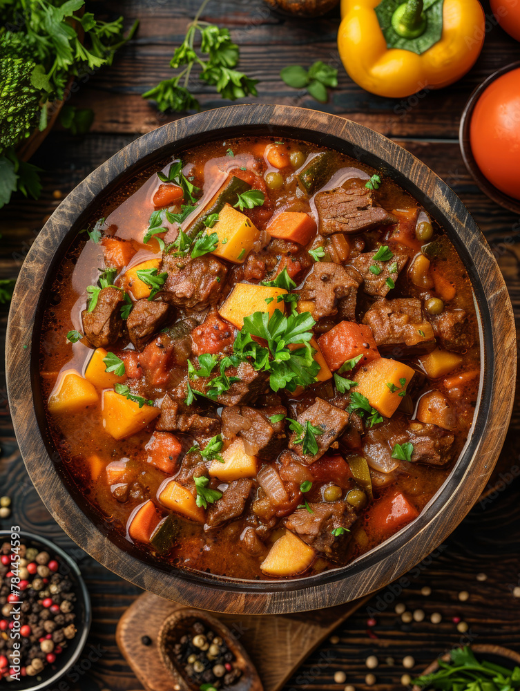Savory beef stew in a bowl, a classic comfort food on a dark surface. Savory beef stew in a bowl, a classic comfort food on a dark surface.