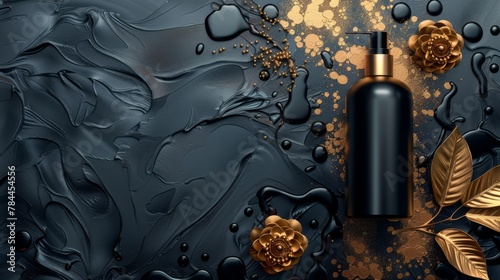 Shampoo bottle, luxury shampoo advertisement banner in black and gold background.