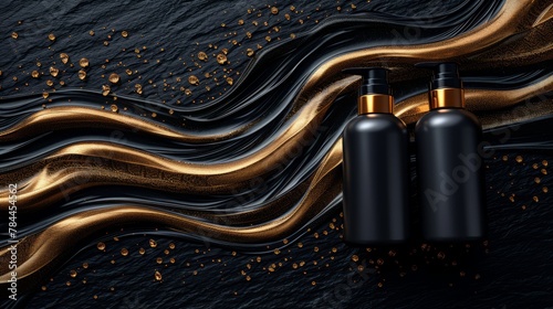 Shampoo bottle, luxury shampoo advertisement banner in black and gold background. photo