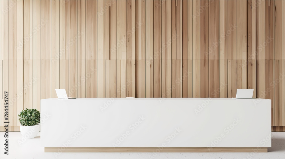 Reception desk in a room with wooden walls

