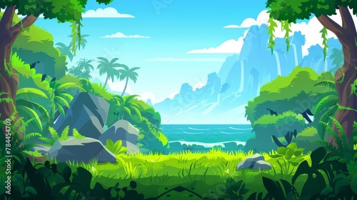 Modern illustration of rain forest with green trees  grass  lianas  and rocks on horizon. Modern parallax background for 2D animation.
