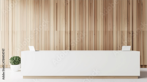 Reception desk in a room with wooden walls 