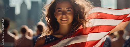 Women in the front of US flag on independence day, realistic, happy women photo