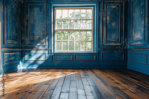 An empty room painted in bright blue with sunlight streaming through the large windows casting shadows on the floor