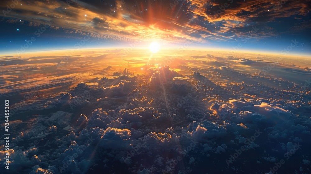 Breathtaking Celestial Landscape with Dramatic Sunset Sky and Glowing Cosmic Rays