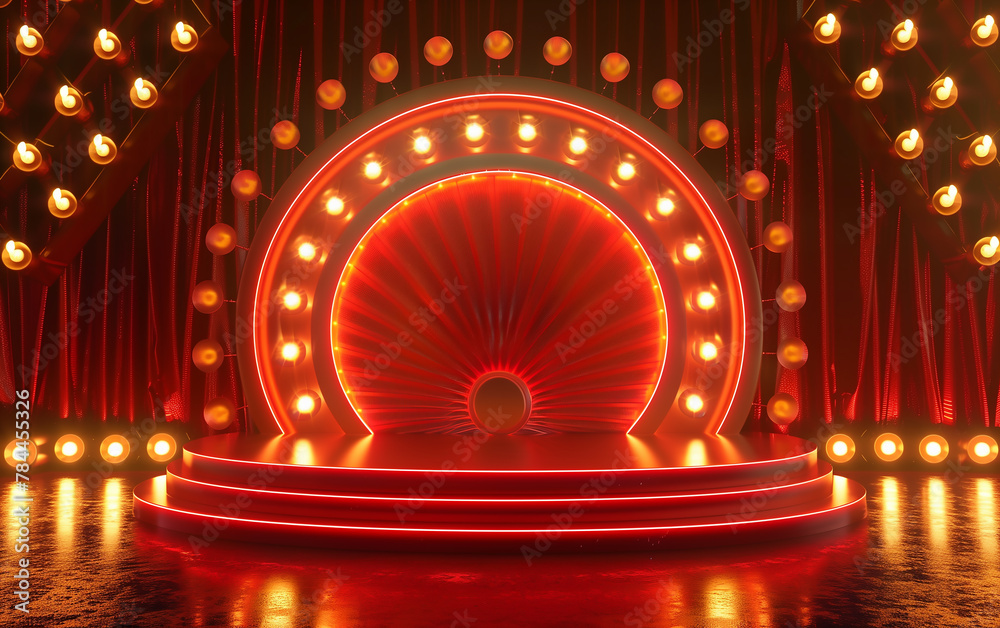 Circus stage podium background with carnival light and red show curtain ...