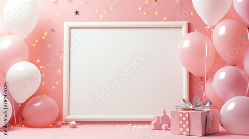 pink balloon party frame decoration for birthday and celebration, ai