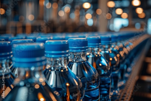 This image shows rows of transparent plastic bottles with blue caps on a conveyor belt in an industrial setting