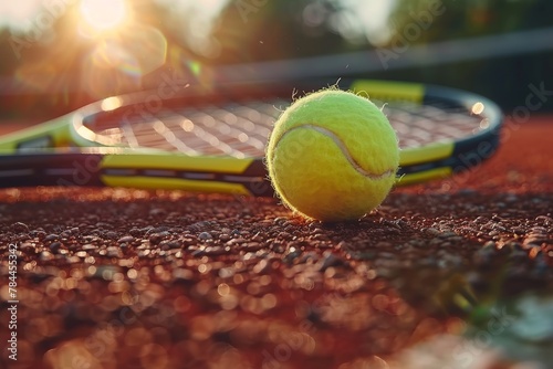 A vibrant sunset scene with a tennis ball lying on a red clay court beside a black and orange racket