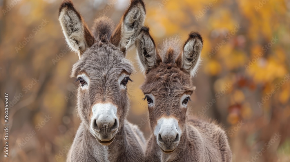   Two donkeys stand side by side before a woodland scene Background consists of yellow and orange trees