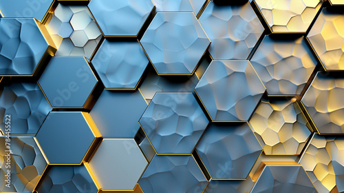 Metallic blue-gold hexagons on a gradient for a luxury tech feel.
