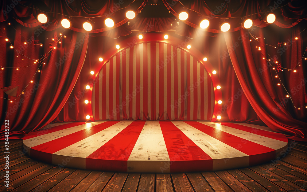 Circus stage podium background with carnival light and red show curtain ...