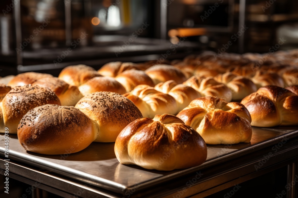 Fragrant butter buns on a baking sheet in a bakery. The concept for the development of mini-bakeries, enterprises for the production of bread and buns.
Fragrant butter buns on a baking sheet in a bakery. The concept for the development of mini-bakeries, enterprises for the production of bread and buns.