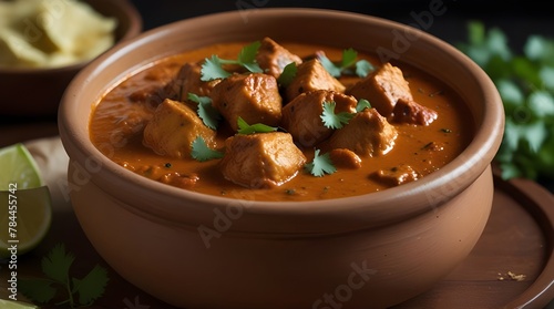 Chicken tikka masala spicy curry meat food in a clay plate with rice and naan bread on wooden.generative.ai