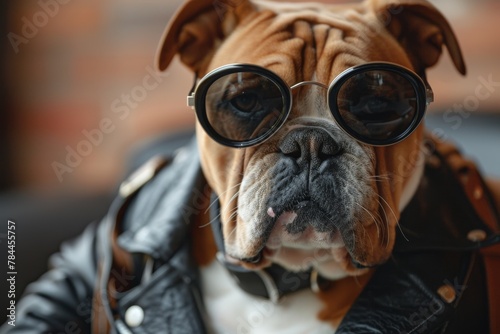 Close-up of an adorable bulldog wearing round black-framed glasses looking into the camera photo