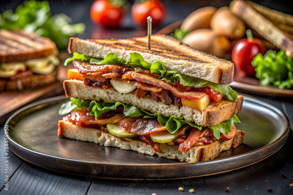 Classic BLT sandwich with crispy bacon, lush lettuce, ripe tomatoes on toasted bread, served on dark plate Classic BLT sandwich with crispy bacon, lush lettuce, ripe tomatoes on toasted bread, served on dark plate
