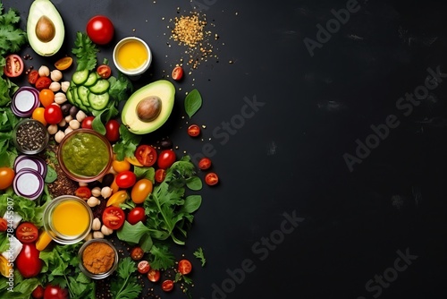 Set of ingredients for fresh vegetable salad, concept of diet and vegetarian nutrition, healthy lifestyle, top view with copyspace for tex 