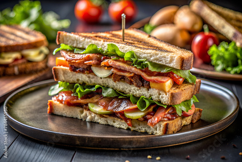 Classic BLT sandwich with crispy bacon, lush lettuce, ripe tomatoes on toasted bread, served on dark plate
