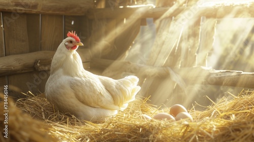 Healthy hen chicken near freshly laid eggs in hay in a rustic barn under warm sunlight with copy space 