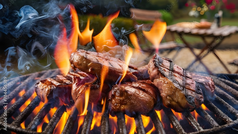 Flame grilled meat cooking on flames