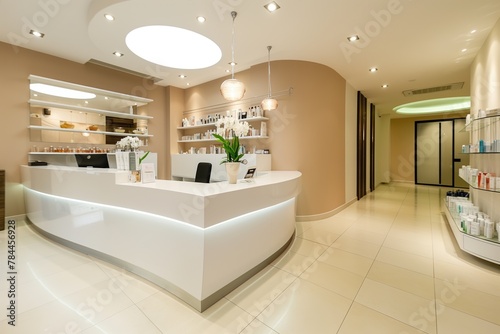 A spacious  white reception counter in a modern  bright beauty salon interior