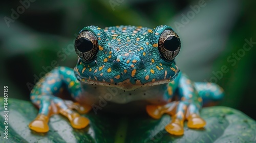  A tight shot of a blue-and-yellow frog perched on a verdant leaf, its eyes adorned with tiny yellow specks