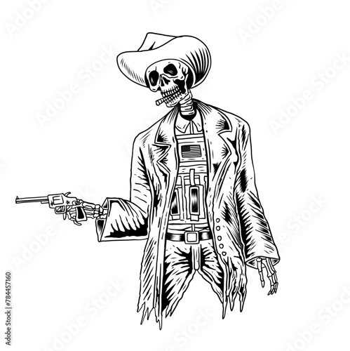 Cowboy skeleton wearing vest vector illustration