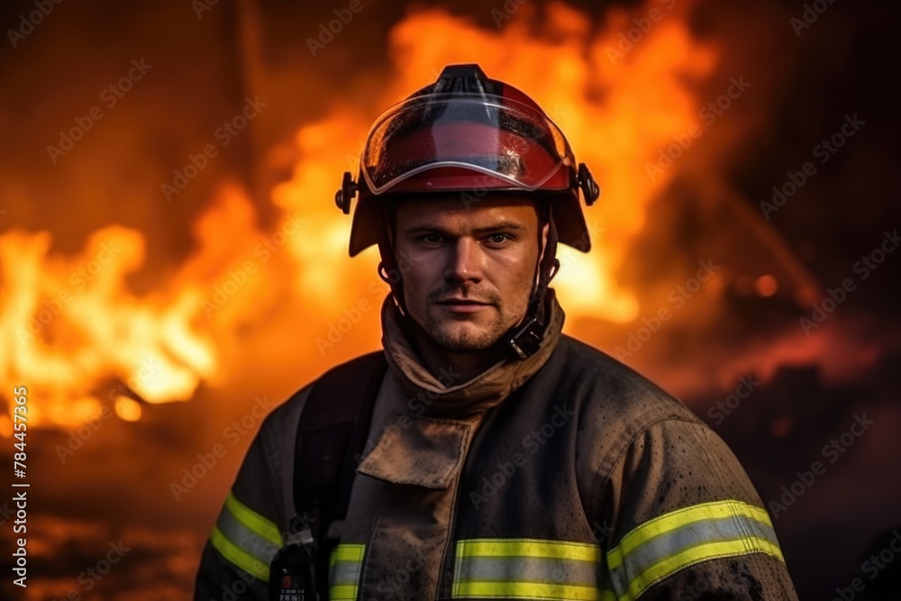 A firefighter, in full gear, stands resolutely facing a raging fire A firefighter, in full gear, stands resolutely facing a raging fire