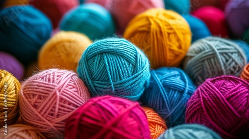 Many colorful yarn balls are sitting in a pile