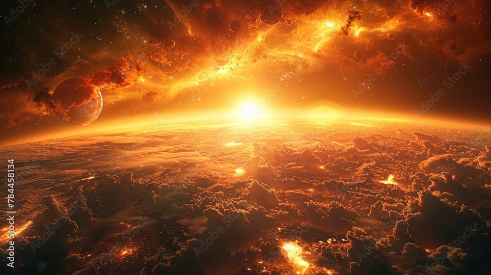 Dramatic Cosmic Explosion Engulfs the Fiery Planet in a Spectacular Celestial Apocalypse - obrazy, fototapety, plakaty 