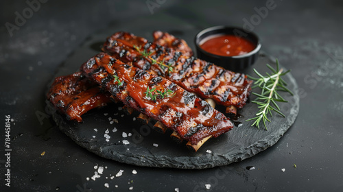 Grilled baby back ribs with smokey BBQ sauce and salt on dark slate.
