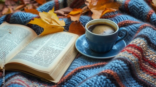 A cup of coffee on a blanket next to an open book